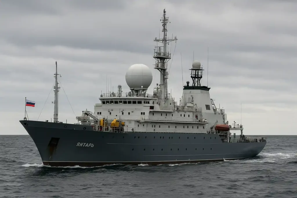Russian vessel near UK waters, identified as the Yantar, sailing through dark seas under a cloudy sky.