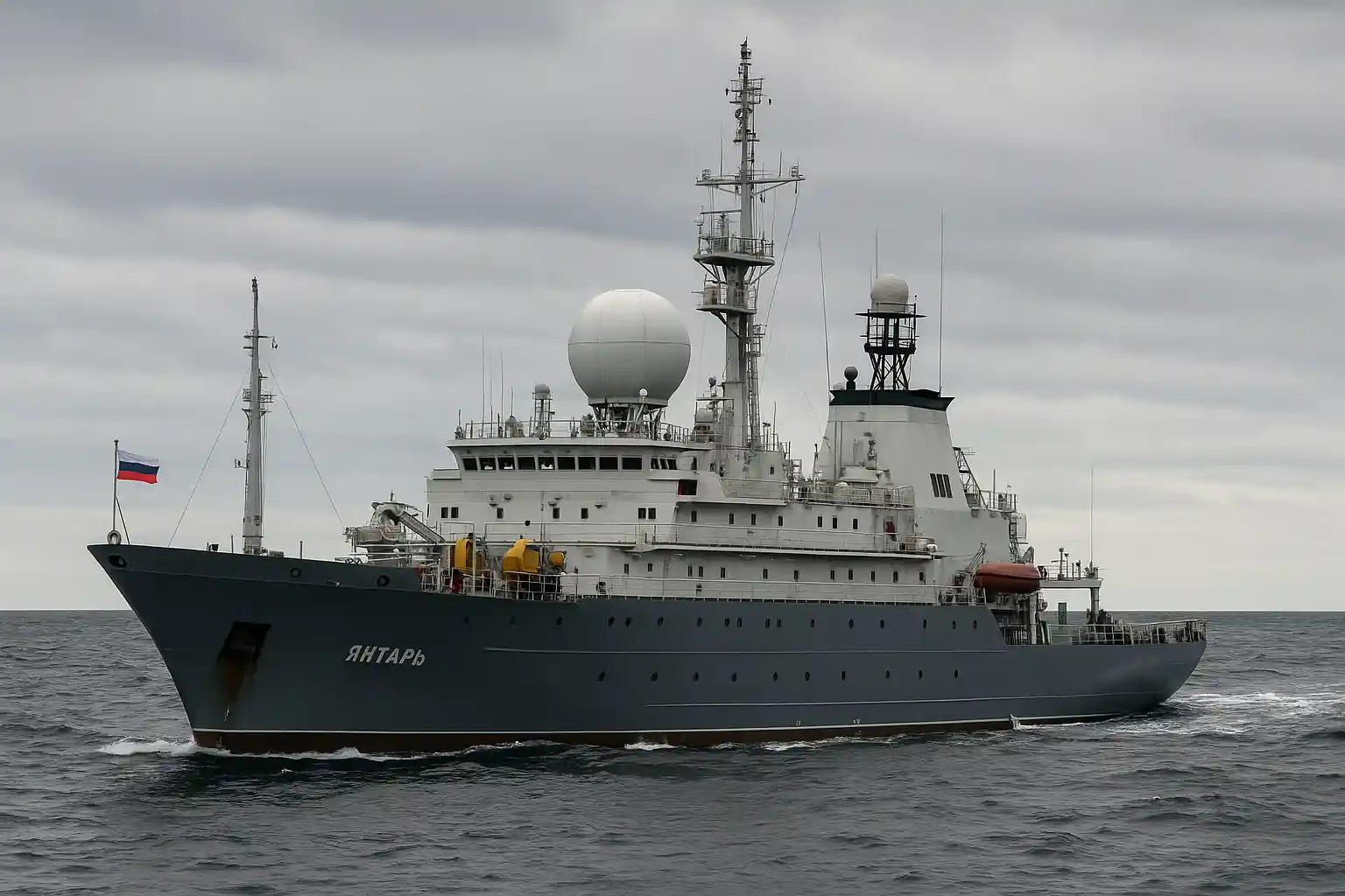 Russian vessel near UK waters, identified as the Yantar, sailing through dark seas under a cloudy sky.