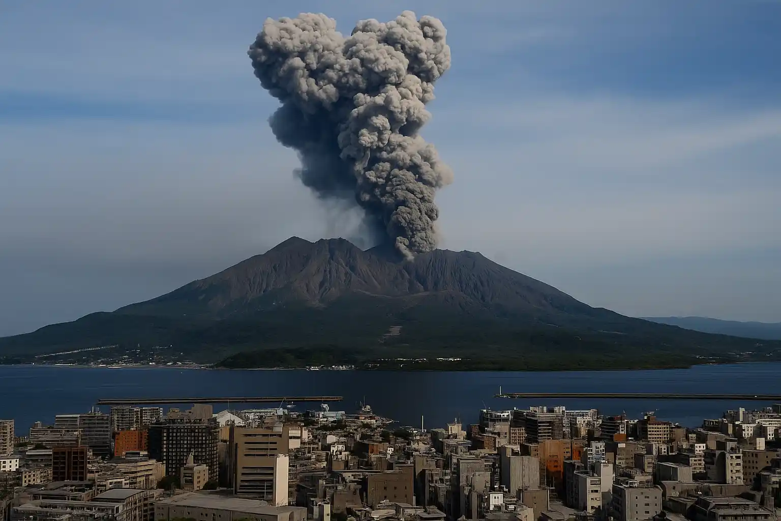 Eruption of Sakurajima volcano sending a massive ash plume into the sky above Kagoshima city and the surrounding bay.