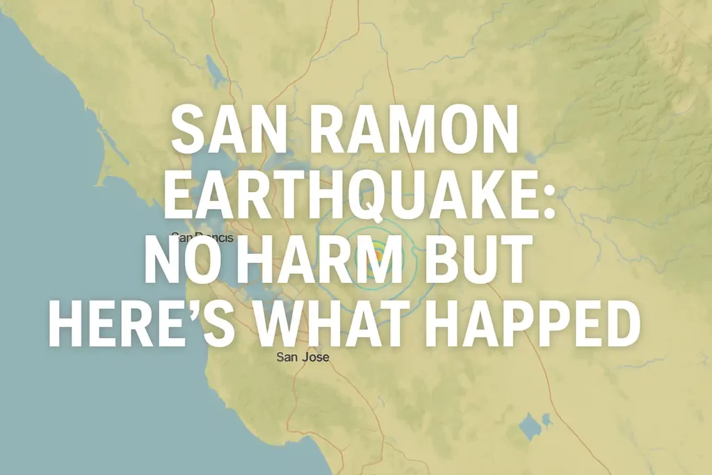 Map-based illustration highlighting the San Ramon earthquake epicenter with bold headline text over the Bay Area in landscape mode.