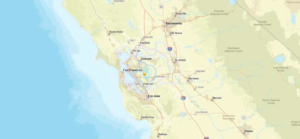 USGS shakemap showing the location and intensity of the San Ramon earthquake in the East Bay region of California.