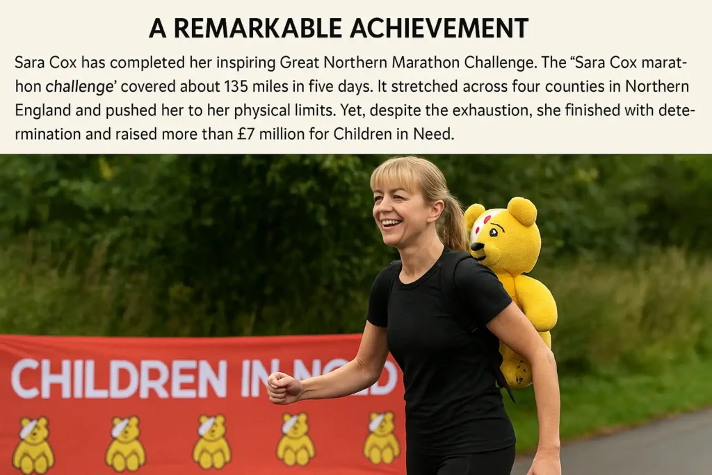 AI-generated landscape image showing Sara Cox running with a Pudsey Bear backpack during her Great Northern Marathon Challenge, with a Children in Need banner in the background.