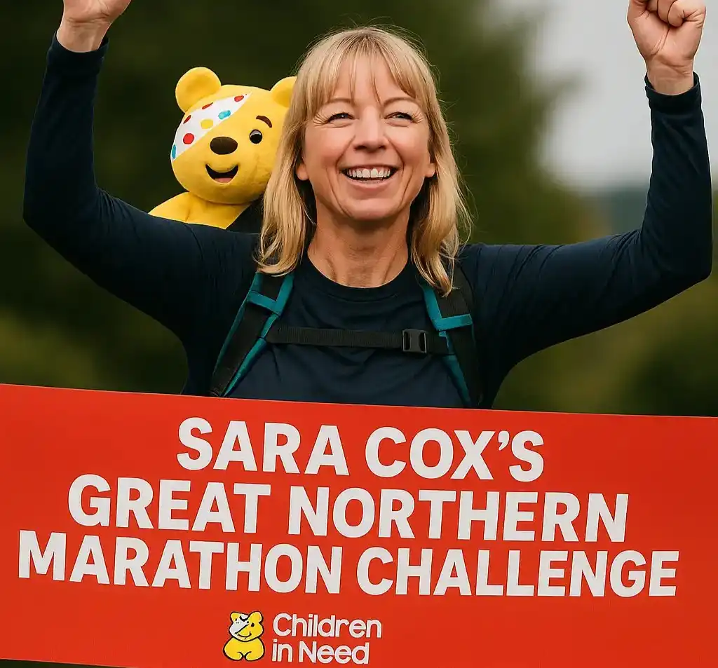 AI-generated image of Sara Cox celebrating at the finish line of her Great Northern Marathon Challenge with a Pudsey Bear backpack and a red “FINISH” banner.