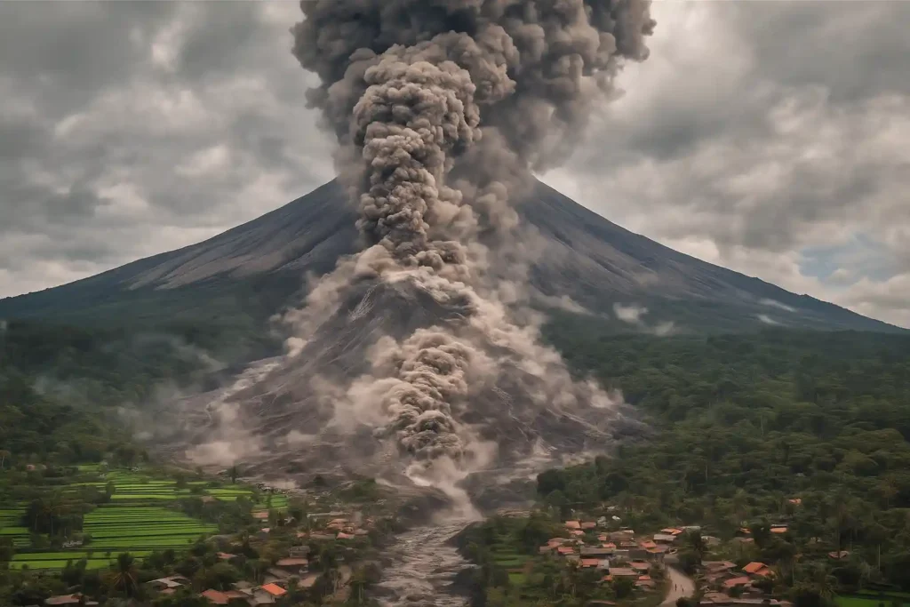 A quiet village street covered in volcanic ash as the Semeru volcano eruption sends a massive plume of smoke into the sky in East Java, Indonesia.