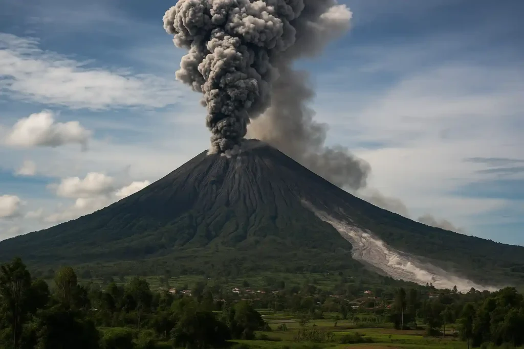 A wide landscape view of the Semeru volcano eruption showing thick ash plumes rising from the crater and pyroclastic flows descending the slopes toward nearby green villages.