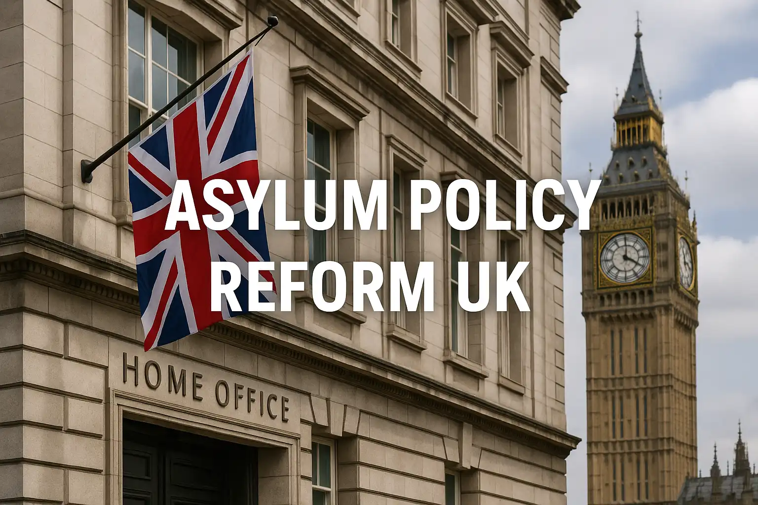 Exterior of the UK Home Office building with a Union Jack flag and Big Ben in the background, with the text “Asylum Policy Reform UK” displayed across the image.