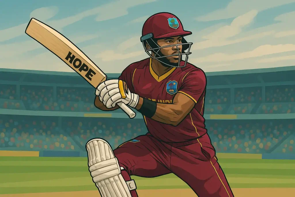Illustration of Shai Hope playing an attacking shot in an ODI match, symbolizing the strength of Shai Hope centuries.