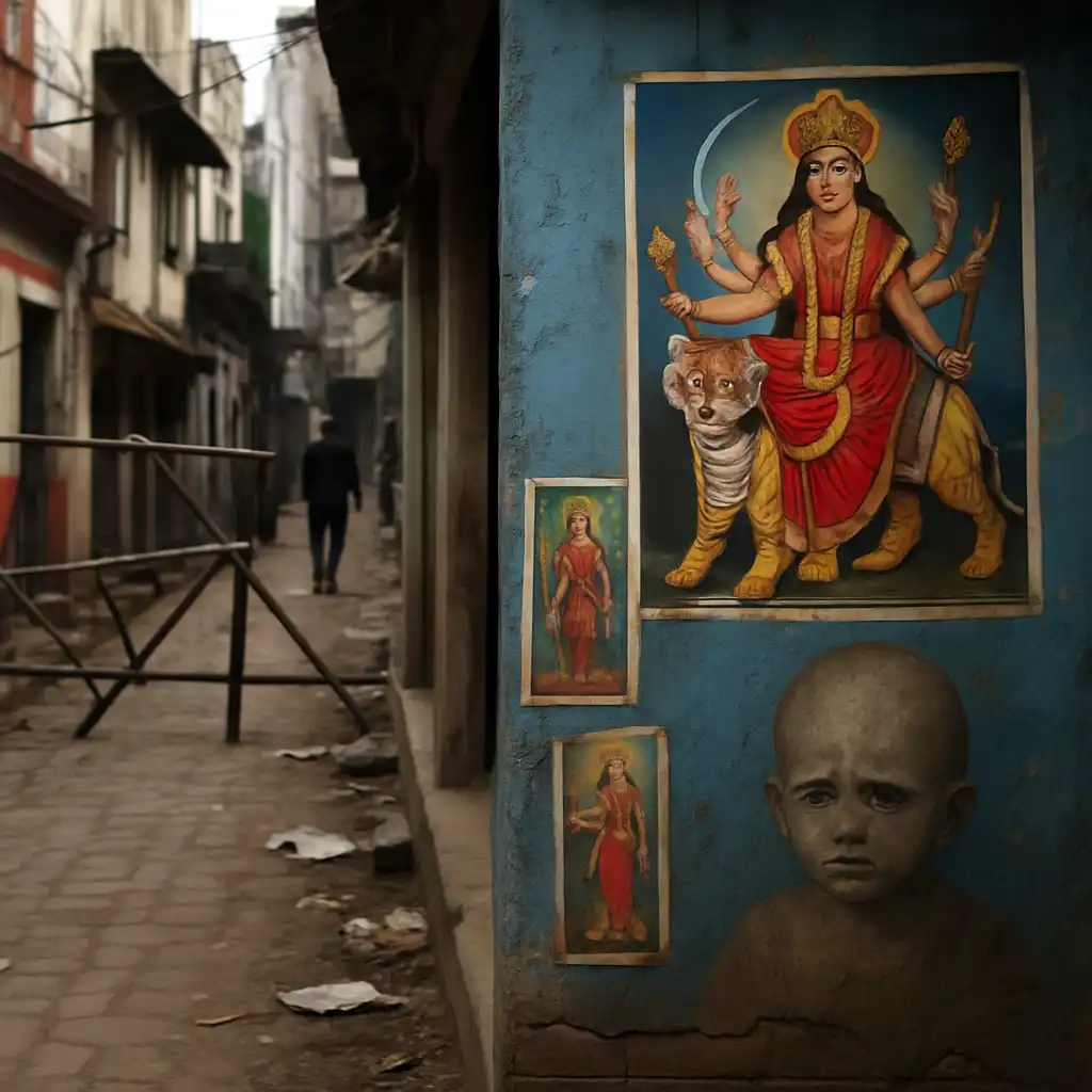 A narrow street with Hindu religious posters on a worn wall, symbolizing the tensions discussed in Sheikh Hasina latest interview.