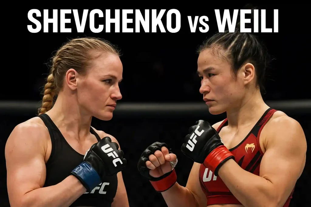 AI-generated faceoff image of Valentina Shevchenko and Zhang Weili inside the UFC octagon in a landscape format, promoting the Shevchenko vs Weili matchup.
