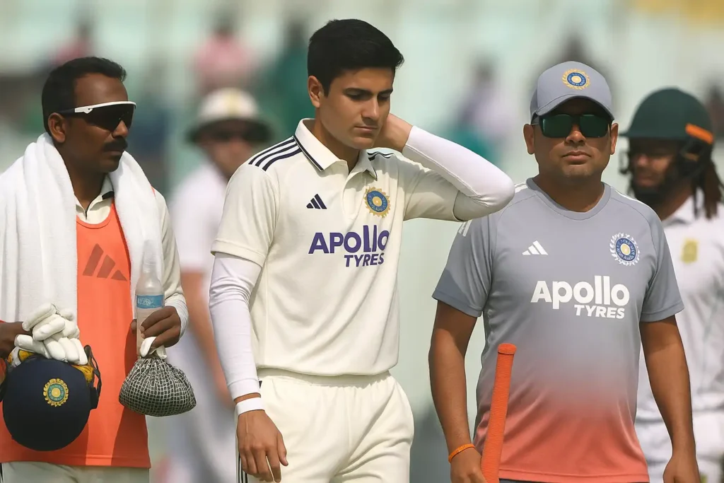 Shubman Gill Neck Injury Generic Indian Test cricket players walking off the field with support staff, after a player feels discomfort, resembling concern similar to the Shubman Gill injury situation.