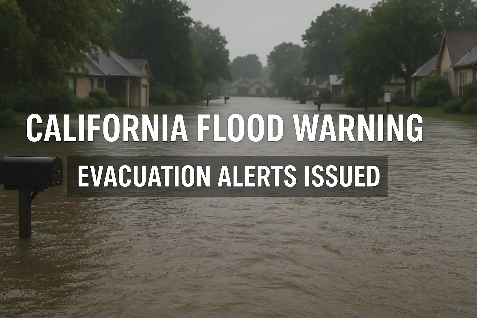 A flooded residential street in California with rising water covering mailboxes and homes, featuring a banner text reading ‘California Flood Warning – Evacuation Alerts Issued.’