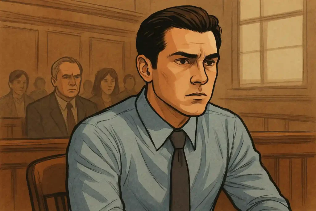 Illustration inspired by Spencer Lofranco’s courtroom scene, showing him seated with a serious expression, created for an article on the Spencer Lofranco death.