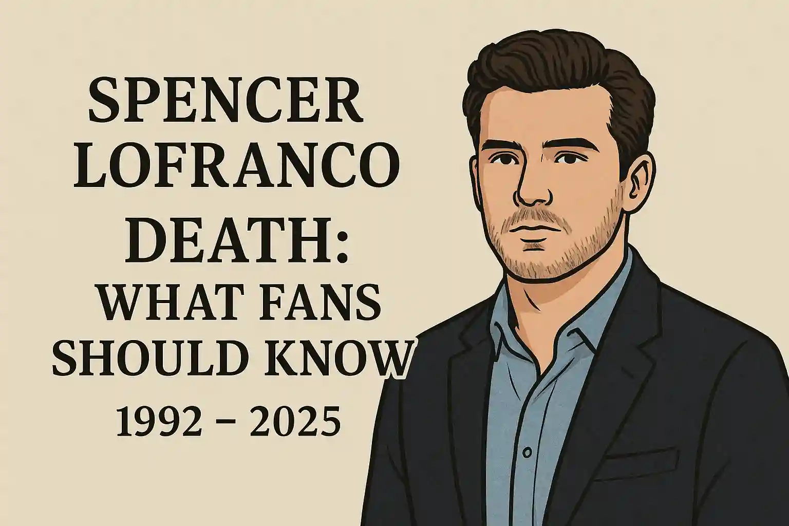 Illustrated portrait of Spencer Lofranco beside the headline “Spencer Lofranco Death: What Fans Should Know,” designed as a tribute in landscape format.