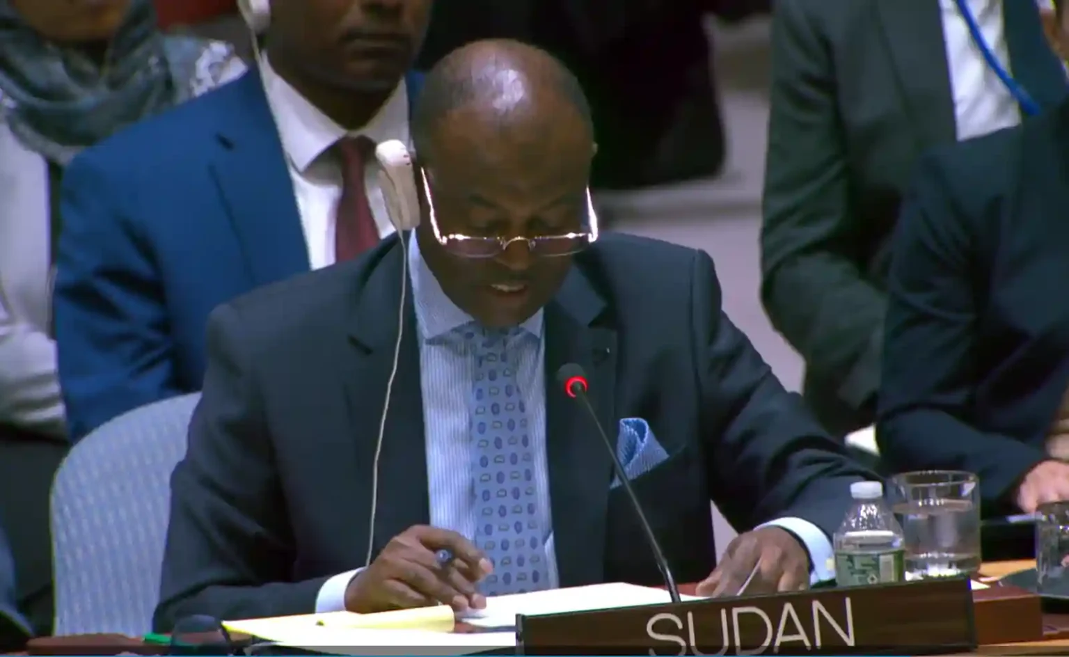 Sudan’s ambassador addressing the UN Security Council amid the Sudan UAE UN conflict accusations.