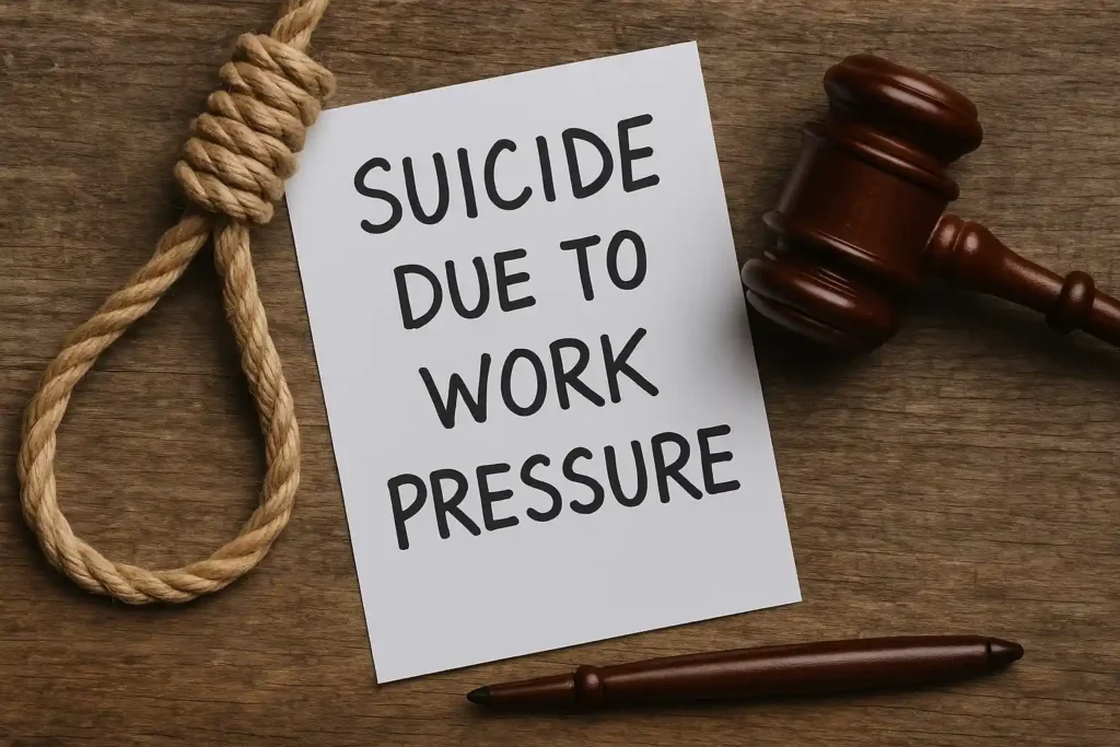 A symbolic representation of the Kannur BLO suicide case showing a note about work pressure beside a rope and gavel on a wooden surface.