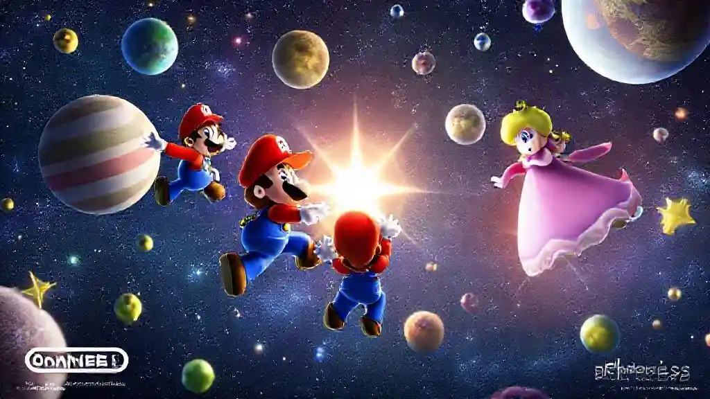 Mario, Luigi, and Princess Peach in space surrounded by stars and planets from the Super Mario Galaxy Movie.