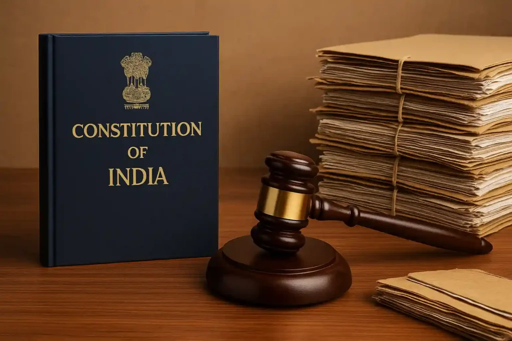 A landscape image showing the Constitution of India, a judge’s gavel, and stacked legal files, symbolizing judicial work and themes linked to the Surya Kant background.