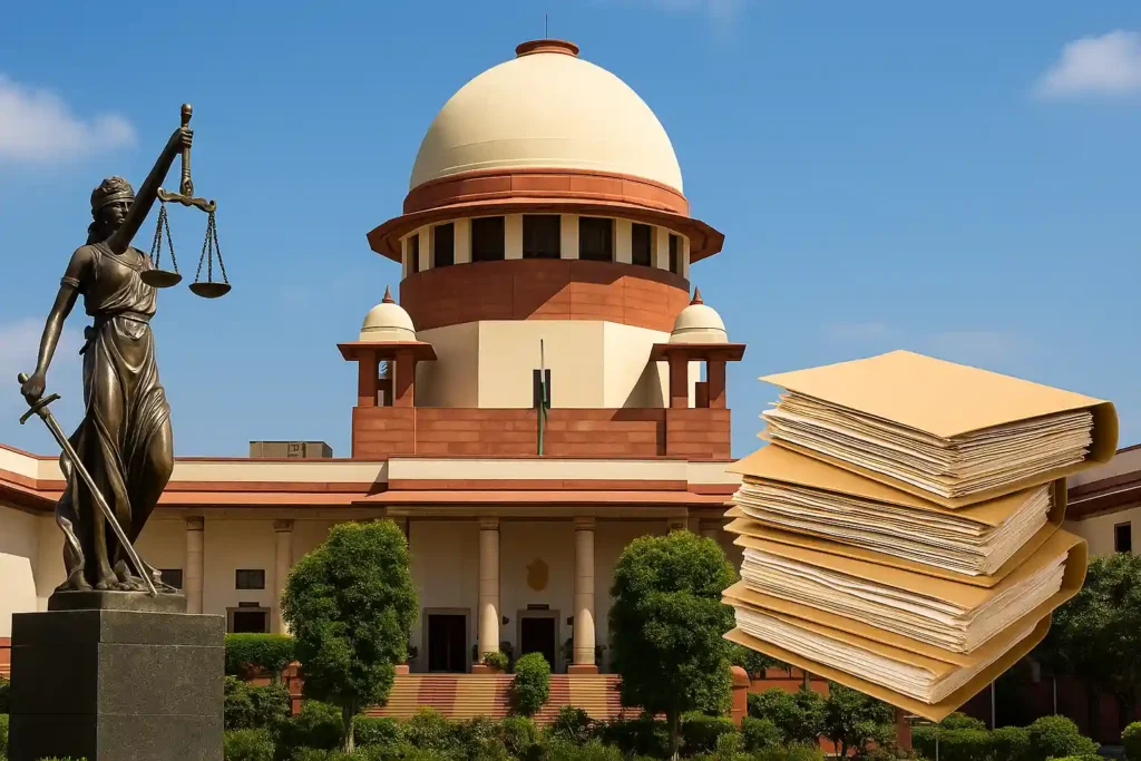 A landscape image of the Supreme Court of India with a Lady Justice statue on one side and a tall stack of court files on the other.