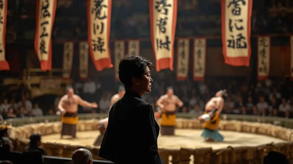 Sanae Takaichi near the sacred sumo ring representing the clash between tradition and equality in Japan.