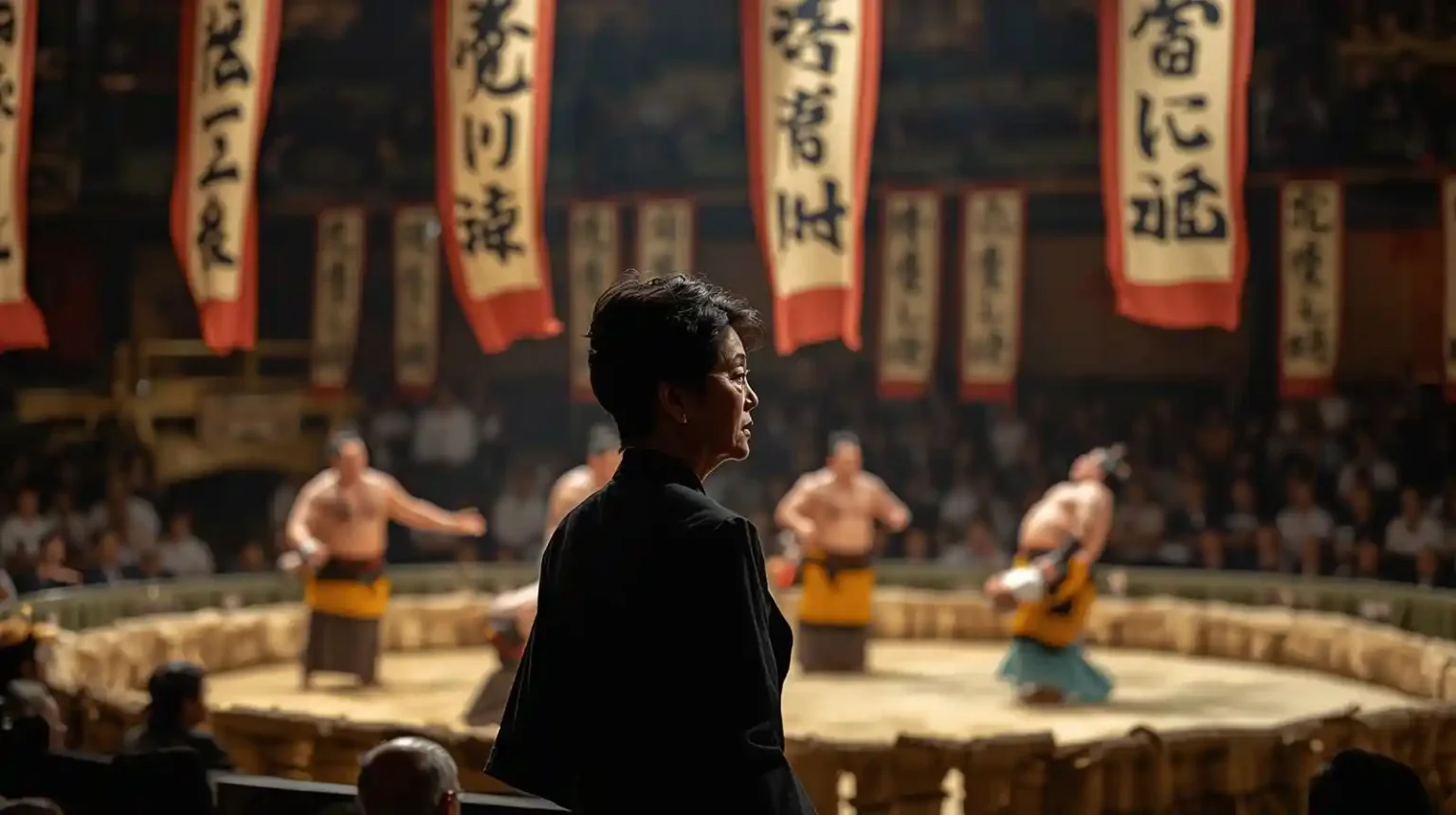 Sanae Takaichi near the sacred sumo ring representing the clash between tradition and equality in Japan.