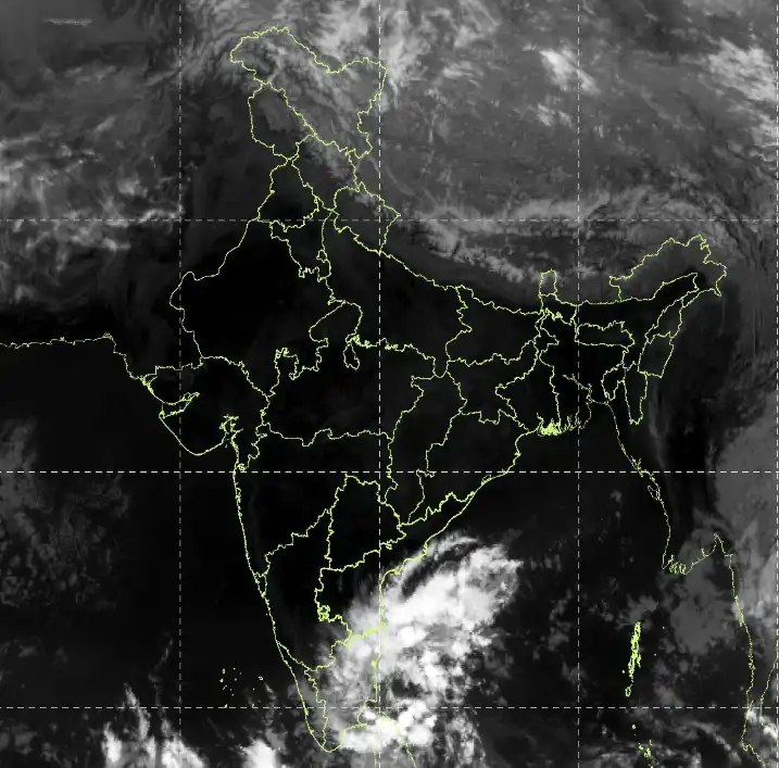 Satellite view of India showing cloud buildup over southern regions affecting Tamil Nadu weather, captured by the India Meteorological Department.