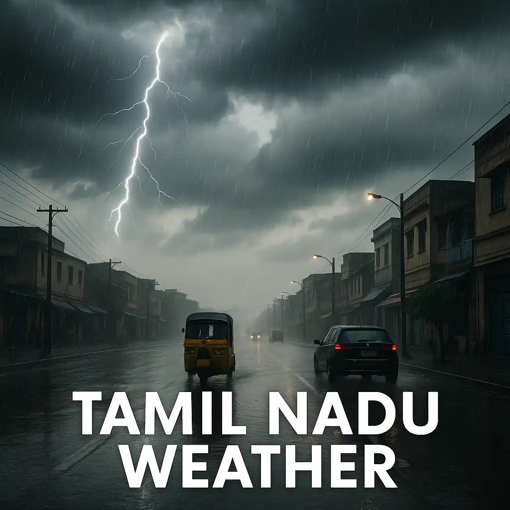 Heavy rain in a Tamil Nadu street with dark storm clouds, lightning, and vehicles moving slowly during severe Tamil Nadu weather conditions.