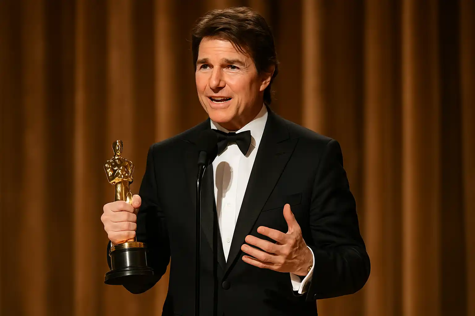 Tom Cruise delivering his award speech on stage while holding an Oscar, speaking into a microphone in a black tuxedo — Tom Cruise award speech.