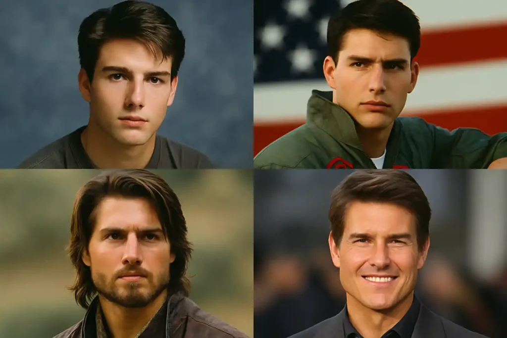 A landscape collage of Tom Cruise featuring four iconic portraits from different stages of his career, connected to the Tom Cruise award speech theme.