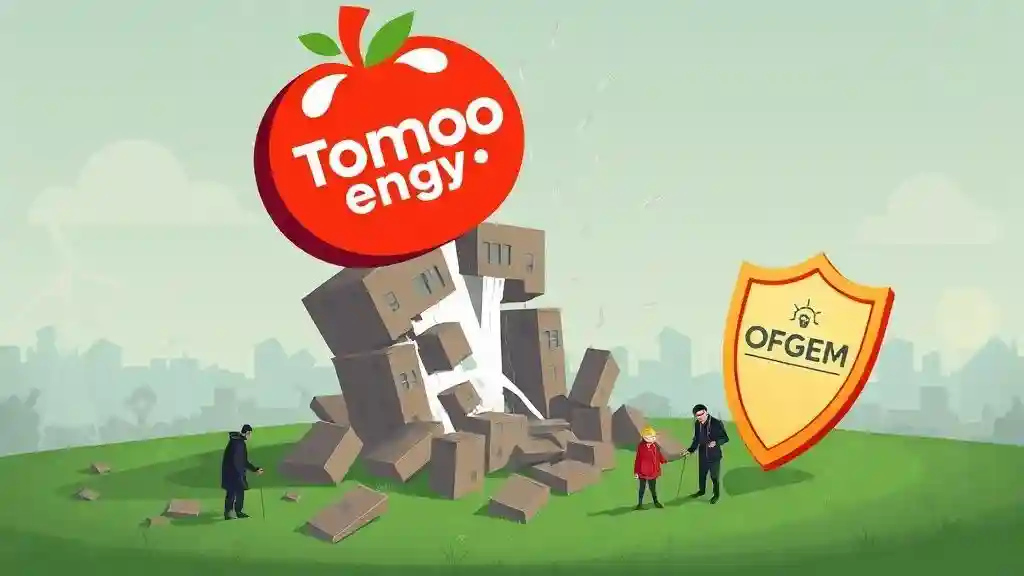 Tomato Energy collapse affecting UK customers, with Ofgem protection symbol in background.