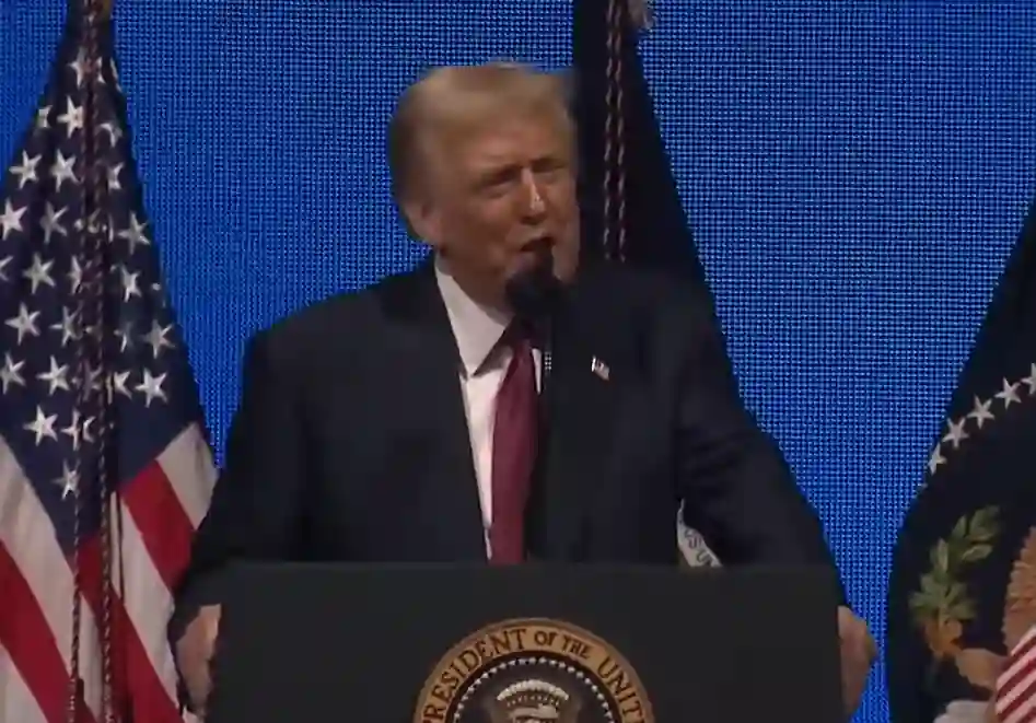 Donald Trump speaking at the American Business Forum while discussing U.S. nuclear and military strength.