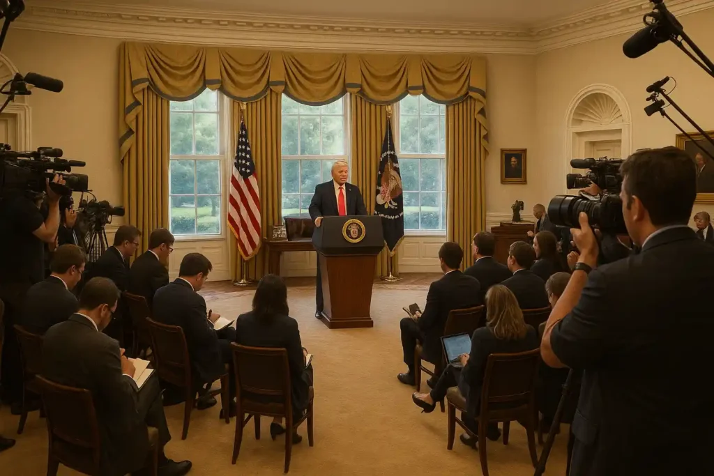 Wide view of Donald Trump in the Oval Office during a press conference, surrounded by reporters and cameras, capturing the Trump reporter clash atmosphere.