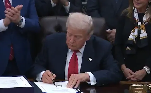 Donald Trump speaking at a bill-signing ceremony, emphasizing that the country is in its best shape.