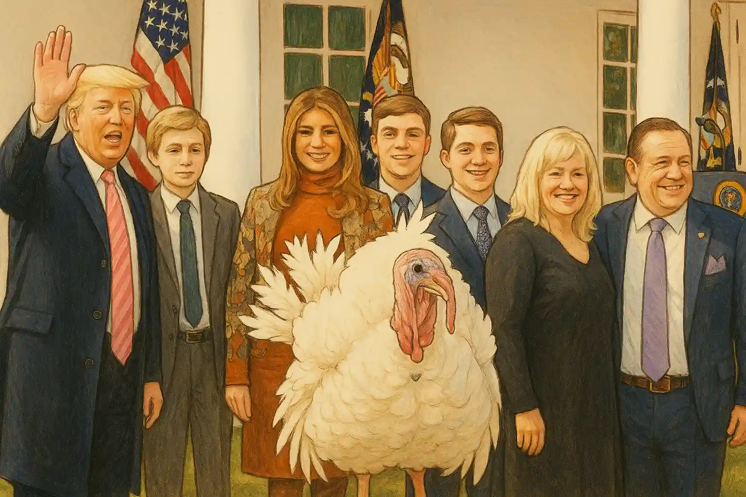 Illustrated scene of Donald Trump, Melania Trump, Barron Trump, and several guests standing with the pardoned Thanksgiving turkey during the Trump turkey pardon ceremony at the White House.