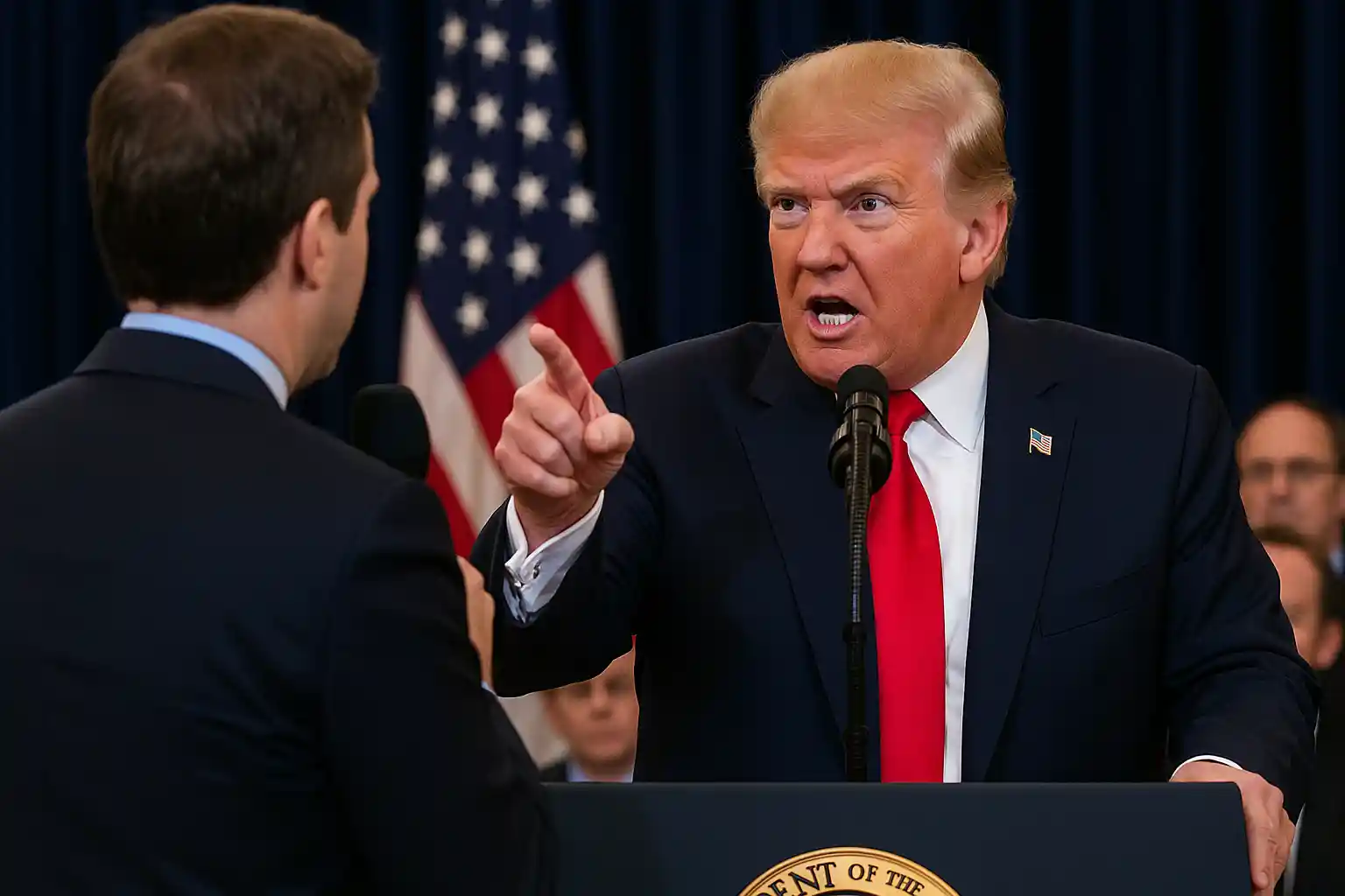 Donald Trump pointing and speaking angrily at a reporter during a tense press conference, with the U.S. flag in the background while a Trump reporter clash.