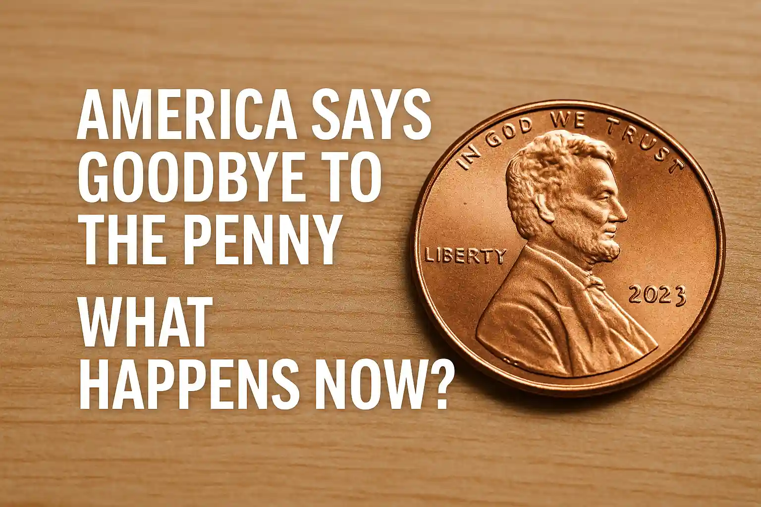 Copper US penny on a wooden surface with text saying “America Says Goodbye to the Penny — What Happens Now?” representing the US penny discontinued news.