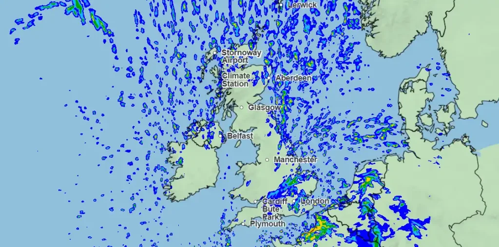 Uk Weather Rainfall UK snow forecast radar-style weather map showing widespread showers across Scotland, Northern Ireland, England and Wales with heavier rain in the south.