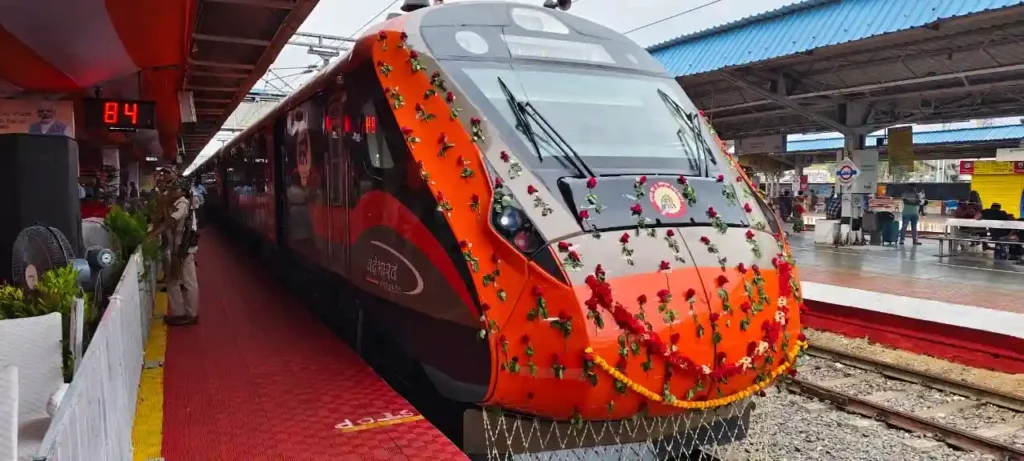 Vande Bharat Express train at a station, ready for departure