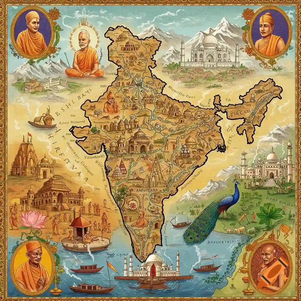 Vintage-style illustrated map of India with landmarks, cultural symbols, people, and portraits in the corners.