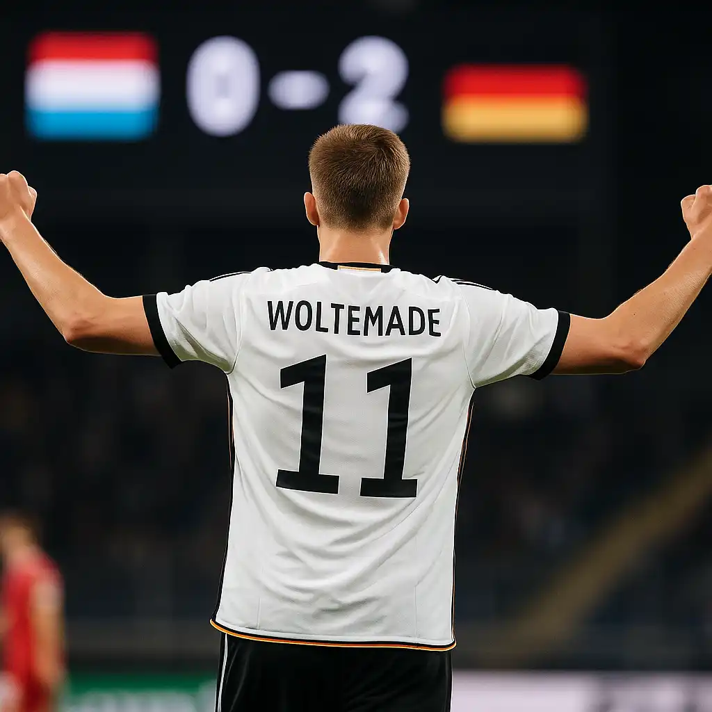 Back view of Nick Woltemade wearing jersey number 11, celebrating a goal with raised arms during the Germany vs Luxembourg match.