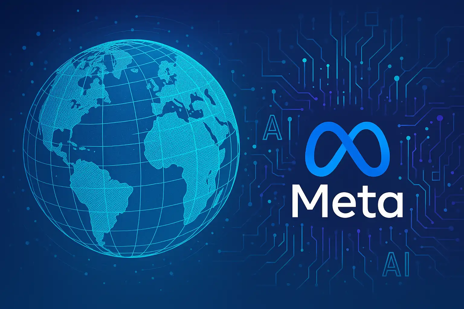 A digital illustration of a glowing world map alongside the Meta logo, surrounded by AI circuitry patterns representing global artificial intelligence development.
