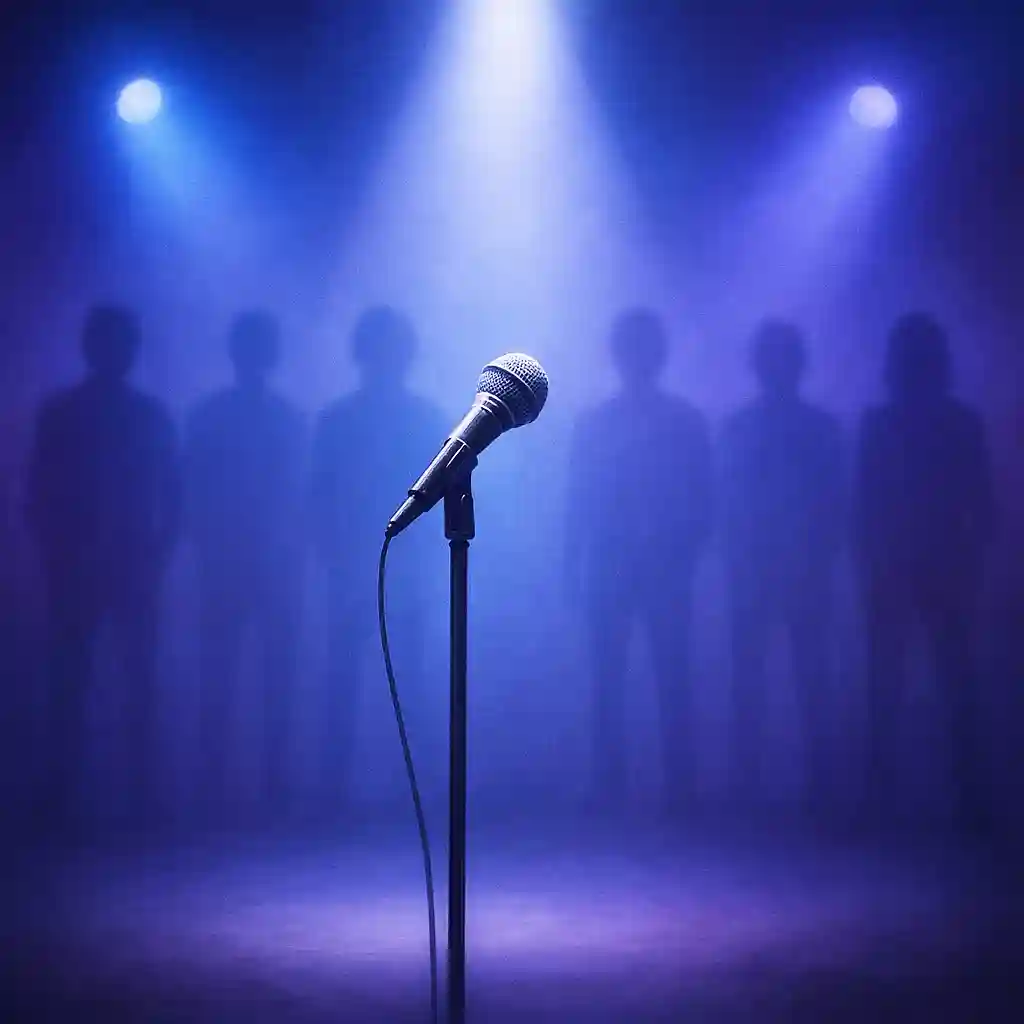 Illustration symbolizing the rumor that Zayn rejoins One Direction with a spotlighted microphone and band silhouettes.