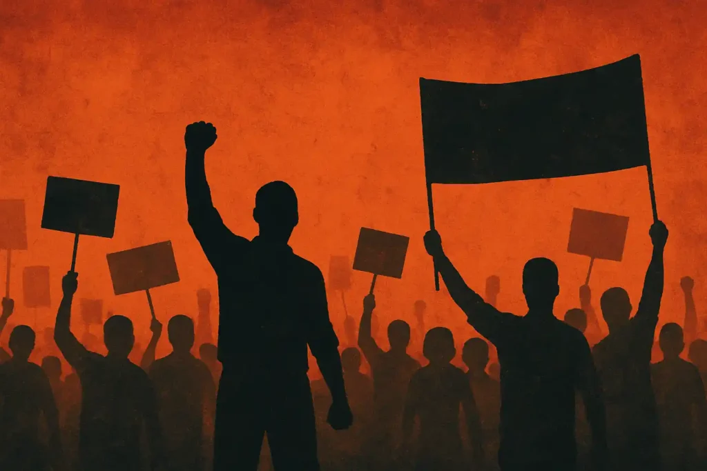 Illustrated protest scene with silhouettes holding signs and banners against an intense orange background, symbolizing unrest linked to Hasina's death sentence.