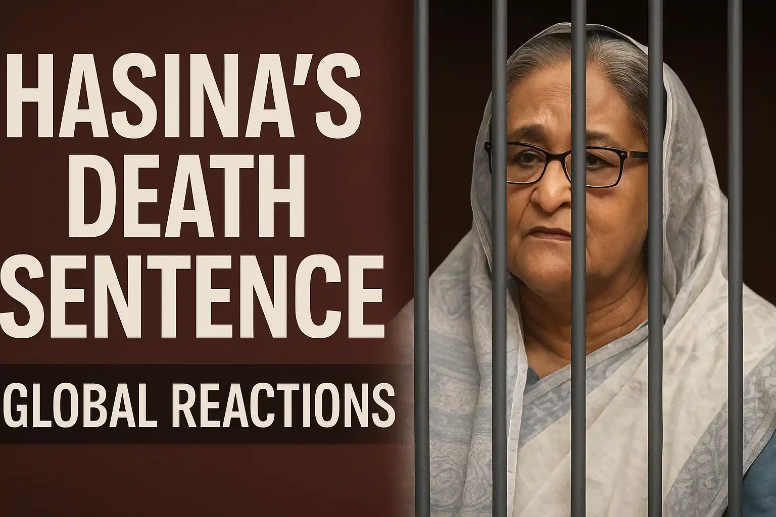 Illustration of Sheikh Hasina behind jail bars with bold text reading “Hasina’s Death Sentence – Global Reactions” in a landscape layout.