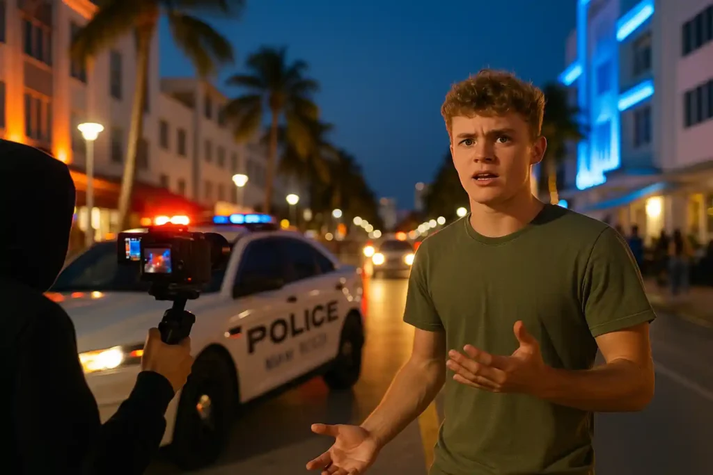 A young man filming on a Miami street at dusk as a police car approaches, capturing the tense moments linked to the Jack Doherty Miami arrest.