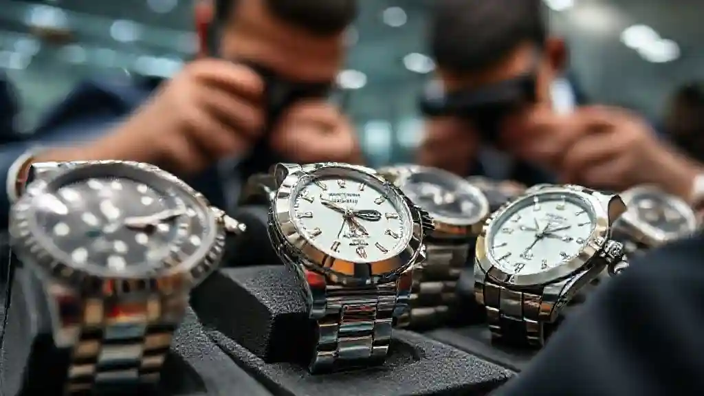 CBP officers inspecting counterfeit luxury watches seized in Chicago, including Rolex and Richard Mille replicas.