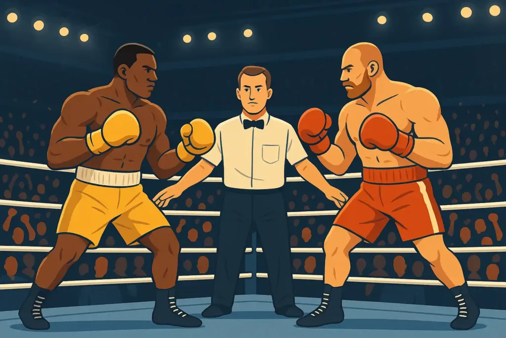 heavyweight-boxing-ring Landscape illustration of two fictional heavyweight boxers in a ring with a referee and a cheering crowd, created for Jake Paul fight news coverage.