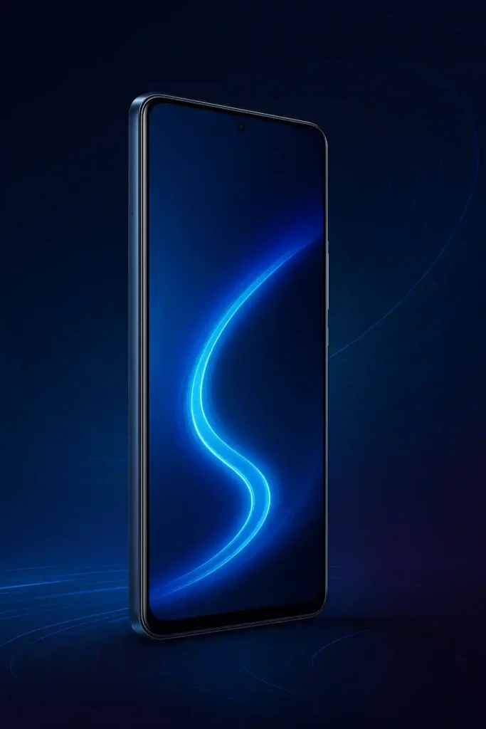 A futuristic smartphone concept with a glowing blue light trail on its display, set against a dark neon tech background.