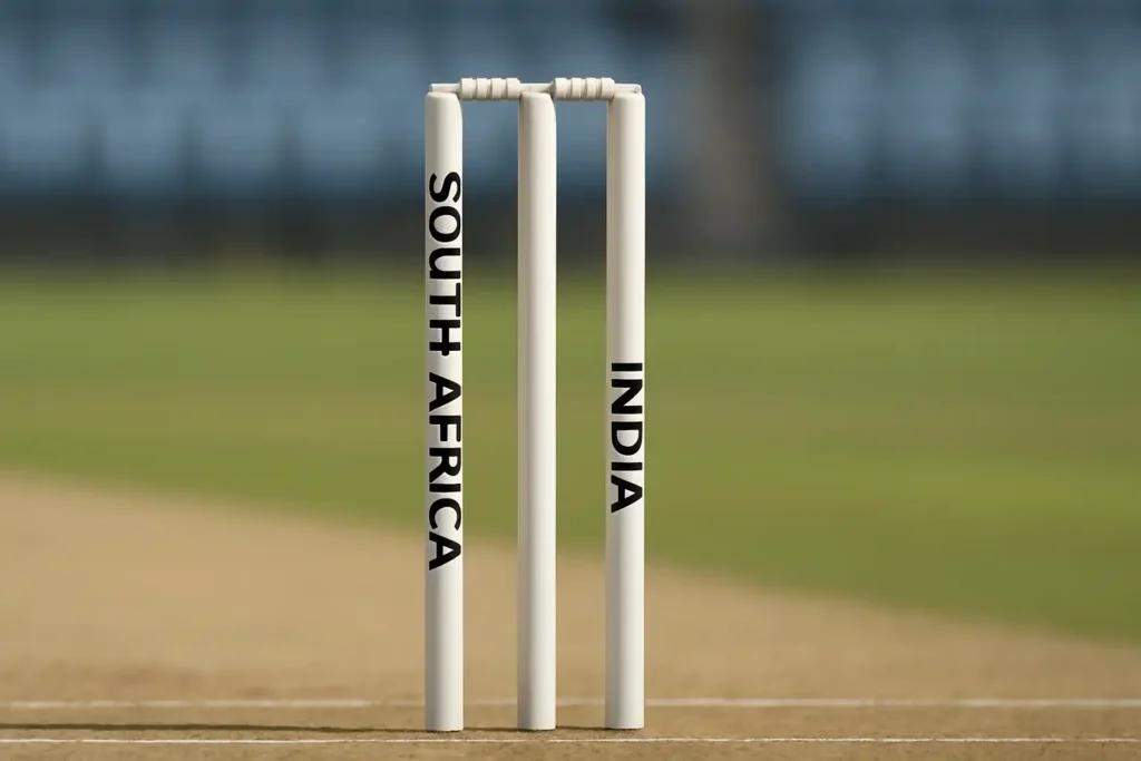 Cricket stumps with ‘South Africa’ written on one side and ‘India’ on the other, placed on a pitch with a blurred stadium background.