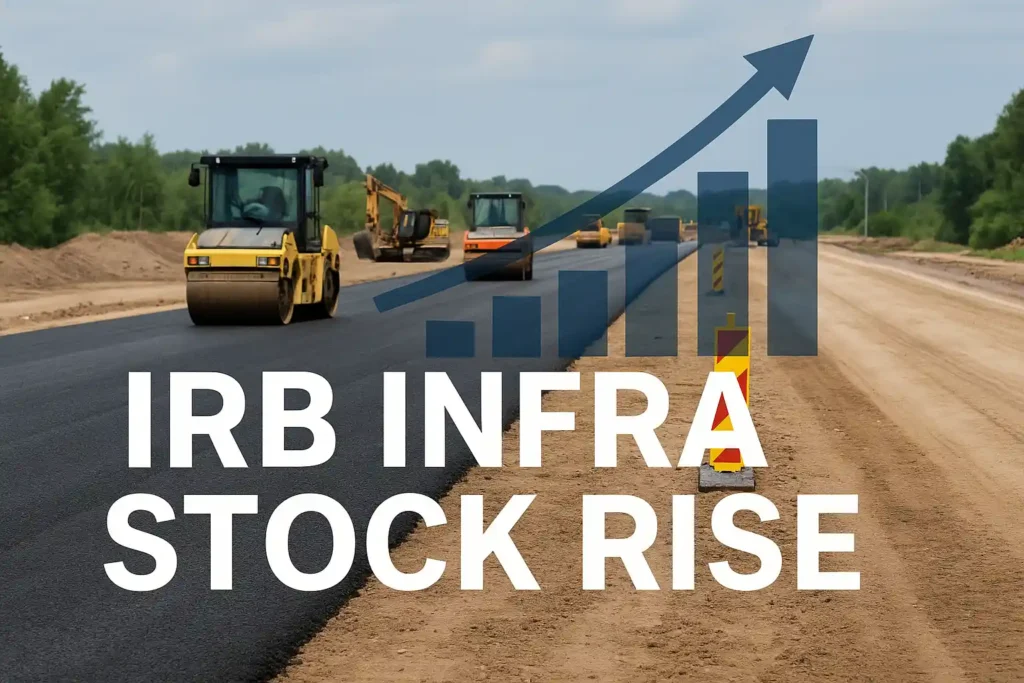 Road construction machinery working on a highway with an upward stock bar graphic overlay, symbolizing the IRB Infra stock rise.