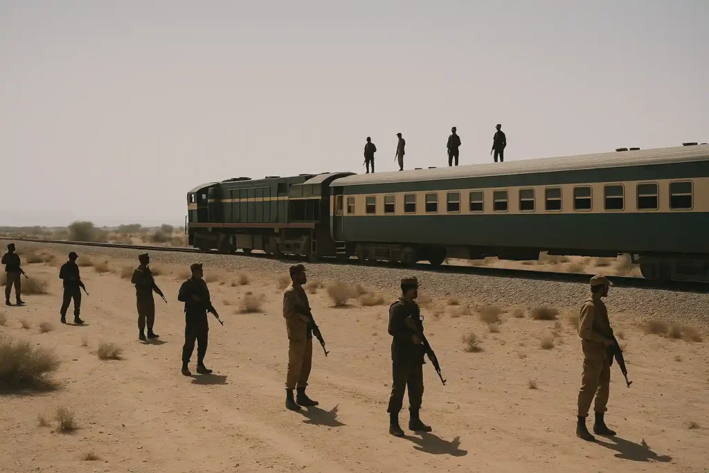 Armed personnel standing on and beside a halted train in a desert area, illustrating the scene described in the latest Jaffar Express ambush update.